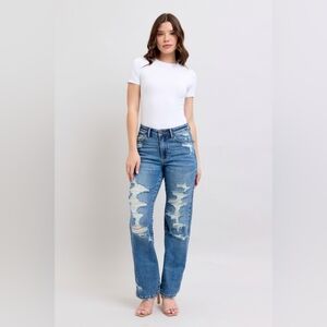 Judy Blue Citrus Sky High Rise Distressed Straight Leg